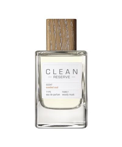 Clean Reserve Sueded Oud Eau de Parfum 100 ml, skaidrus buteliukas su medinio rašto dangteliu