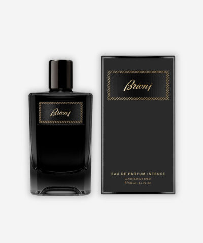 Brioni Eau de Parfum Intense 100 ml, juodo stiklo buteliukas su auksine B monograma ir dėžute