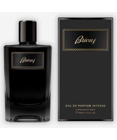 Brioni Eau de Parfum Intense 100 ml, juodo stiklo buteliukas su auksine B monograma ir dėžute