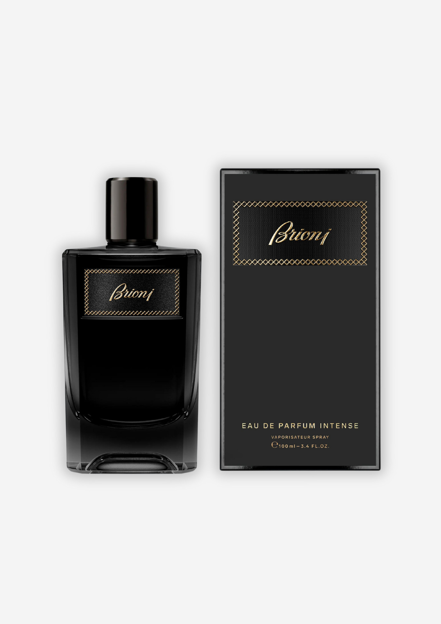 Brioni Eau de Parfum Intense 100 ml, juodo stiklo buteliukas su auksine B monograma ir dėžute