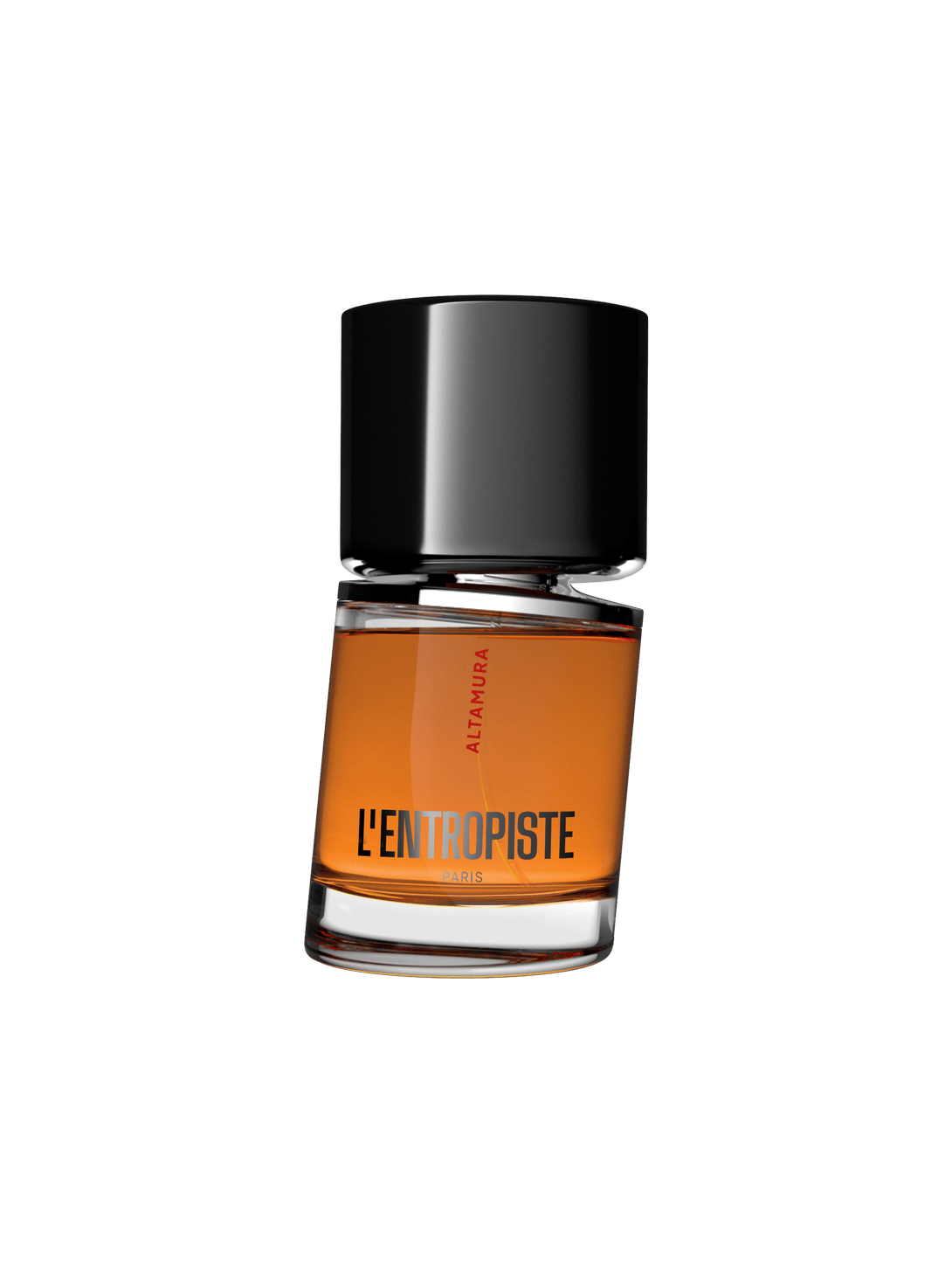 L'Entropiste Altamura EDP 50 ml buteliukas su juodu dangteliu ir oranžiniu skysčiu ant balto fono