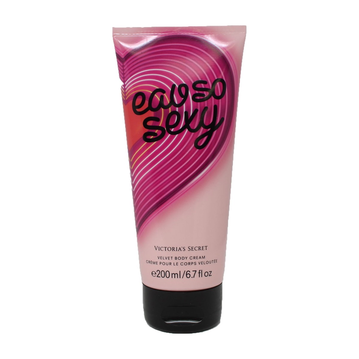 Victoria's Secret Eau So Sexy Velvet Body Cream 200 ml rausva tūbelė su širdies grafika ant balto fono