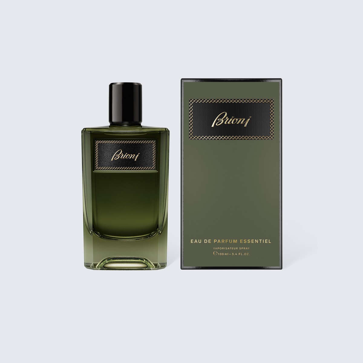 Brioni Eau de Parfum Essentiel 100 ml, alyvuogių žalio stiklo buteliukas su dėžute