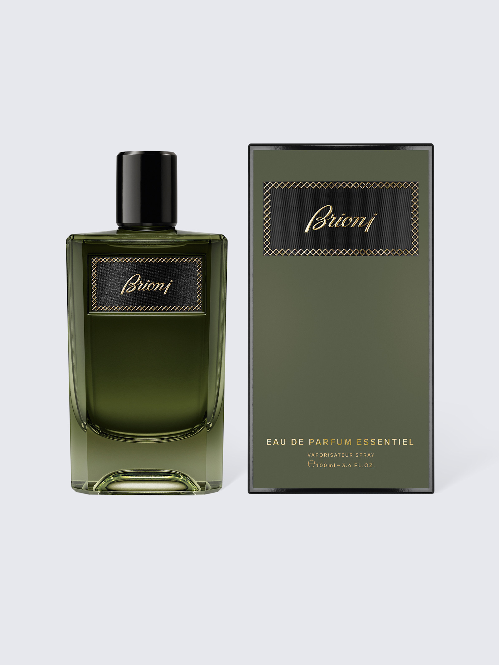 Brioni Eau de Parfum Essentiel 100 ml, alyvuogių žalio stiklo buteliukas su dėžute