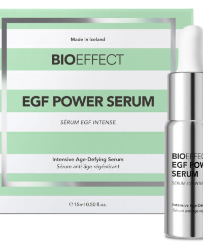 BIOEFFECT EGF Power Serum 15 ml sidabrinis buteliukas su pipete ir žalsvai dryžuota dėžute