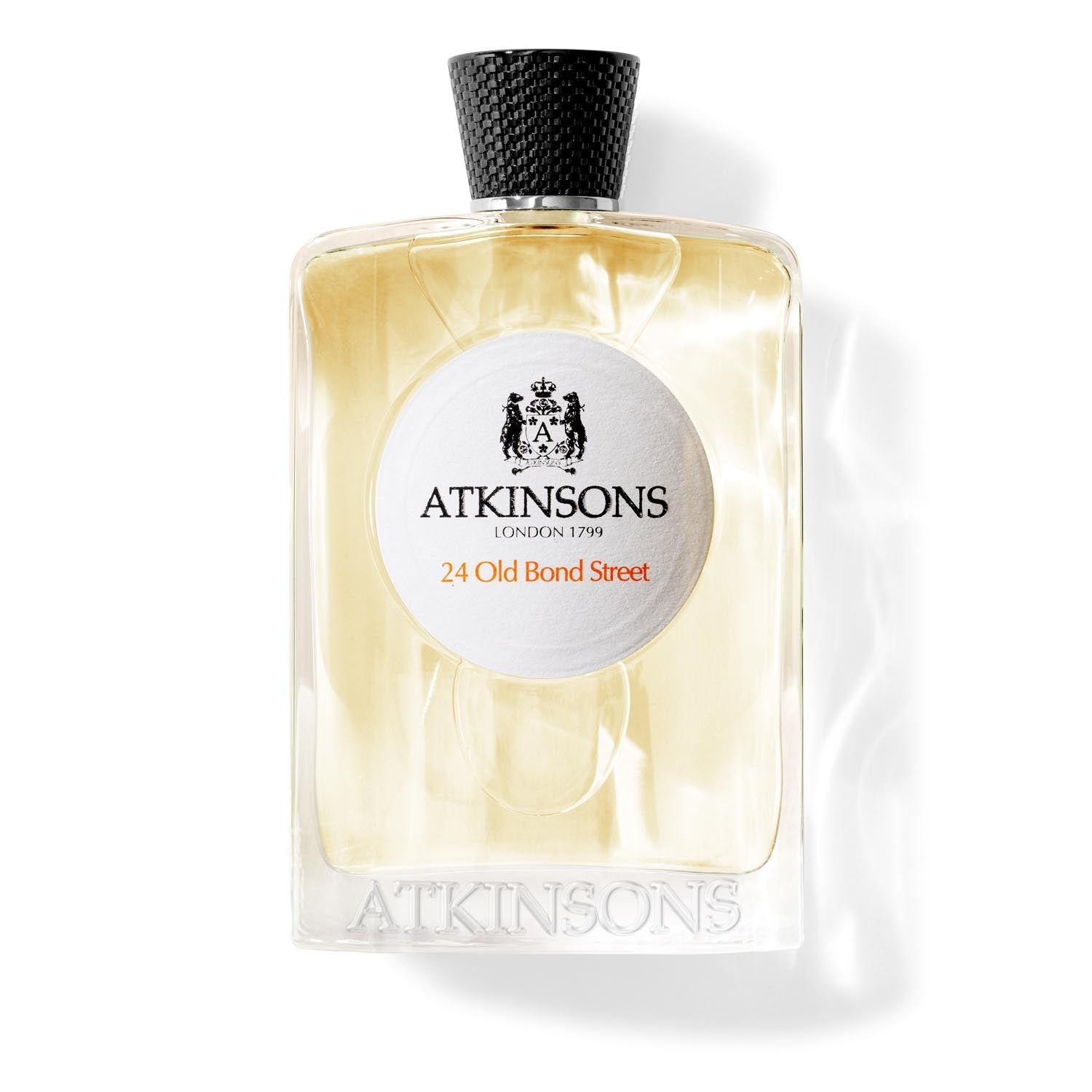 Atkinsons 24 Old Bond Street Eau de Cologne 100 ml, skaidrus buteliukas su balta apvalia etikete ir juodu pintu kamščiu