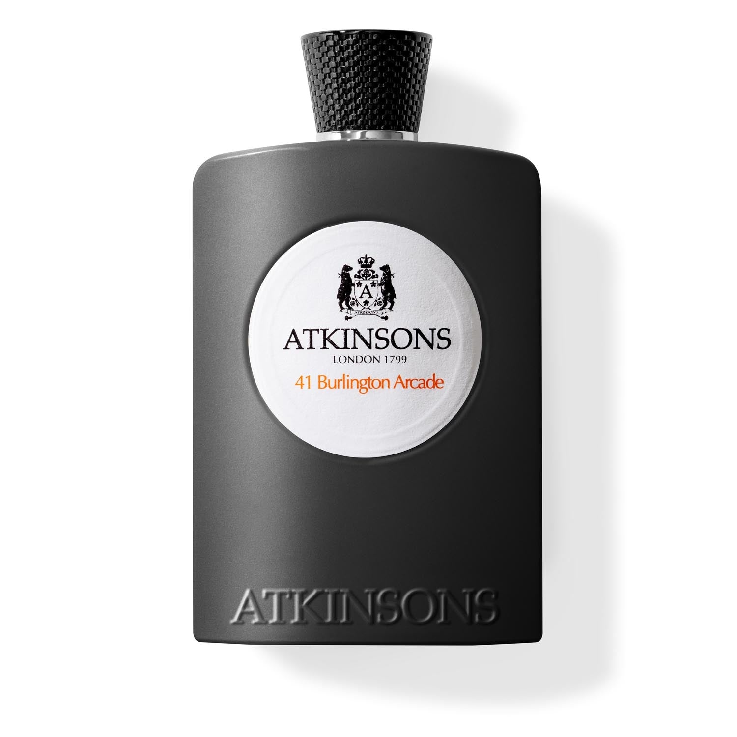 Atkinsons 41 Burlington Arcade Eau de Parfum 100 ml, matinis pilkas buteliukas su balta apvalia etikete