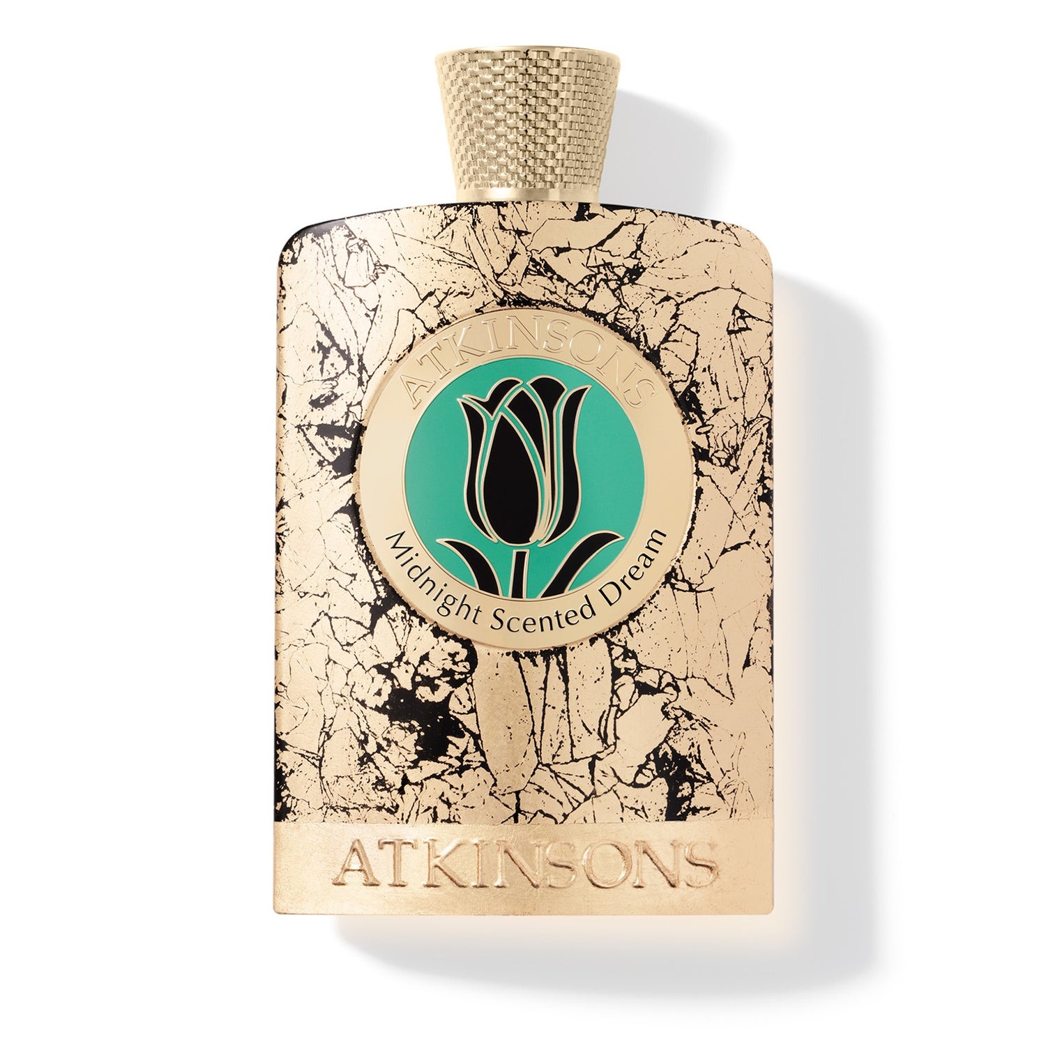 Atkinsons Midnight Scented Dream Parfum Intense 100 ml, auksinis buteliukas su juodu marmuro raštu ir smaragdo spalvos medalionu
