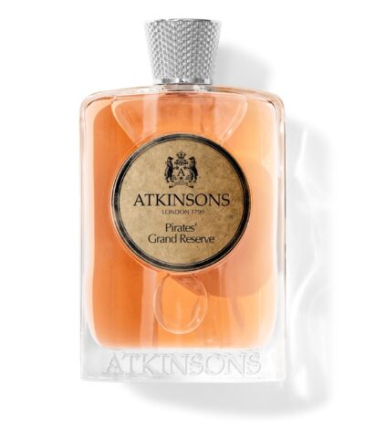 Atkinsons Pirates Grand Reserve Eau de Parfum 100 ml, skaidrus buteliukas su gintariniu skysčiu ir sidabriniu pintu dangteliu
