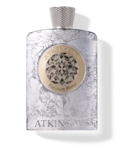 Atkinsons Platinum Blend Parfum Intense 100 ml, sidabrinis buteliukas su skilinėjusia danga ir auksiniu mozaikiniu medalionu