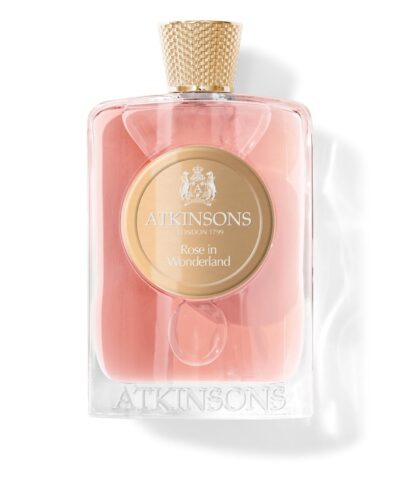 Atkinsons Rose in Wonderland Eau de Parfum 100 ml, skaidrus buteliukas su rausvu skysčiu ir auksiniu medalionu