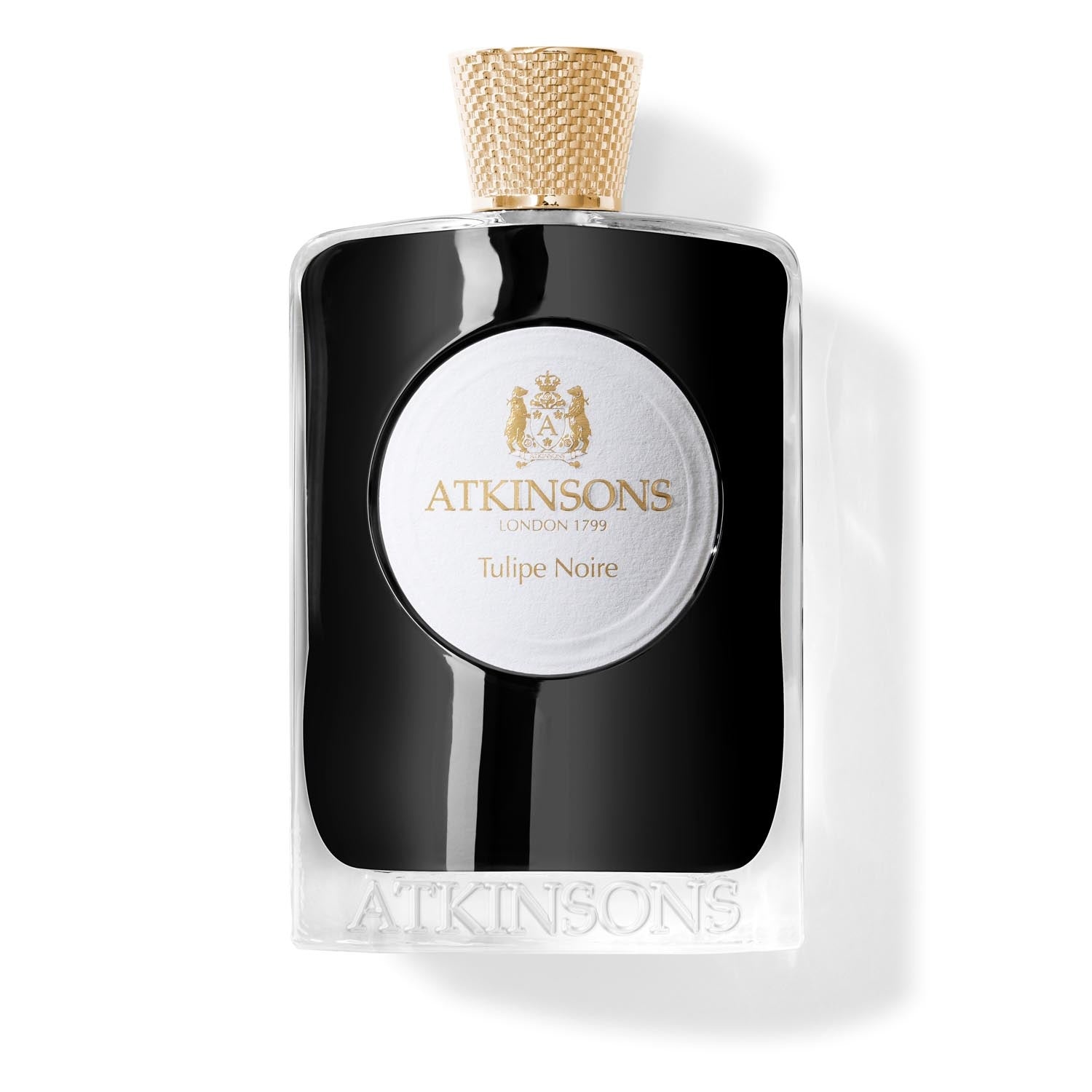 Atkinsons Tulipe Noire Eau de Parfum 100 ml, juodas buteliukas su balta apvalia etikete ir auksiniu dangteliu