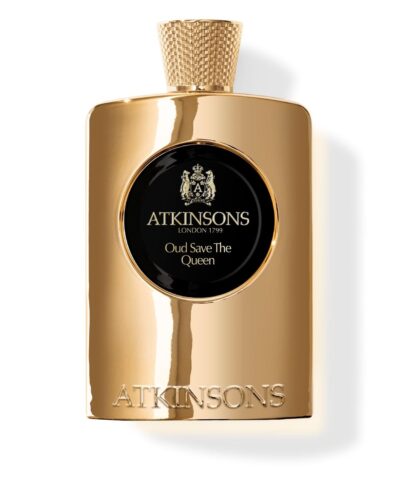 Atkinsons Oud Save The Queen Eau de Parfum 100 ml, veidrodinio aukso buteliukas su juodu emaliuotu medalionu