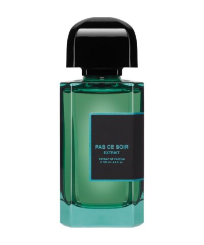 BDK Parfums Pas Ce Soir Extrait de Parfum 100 ml, smaragdo spalvos buteliukas su juoda etikete ir žydru apvadu