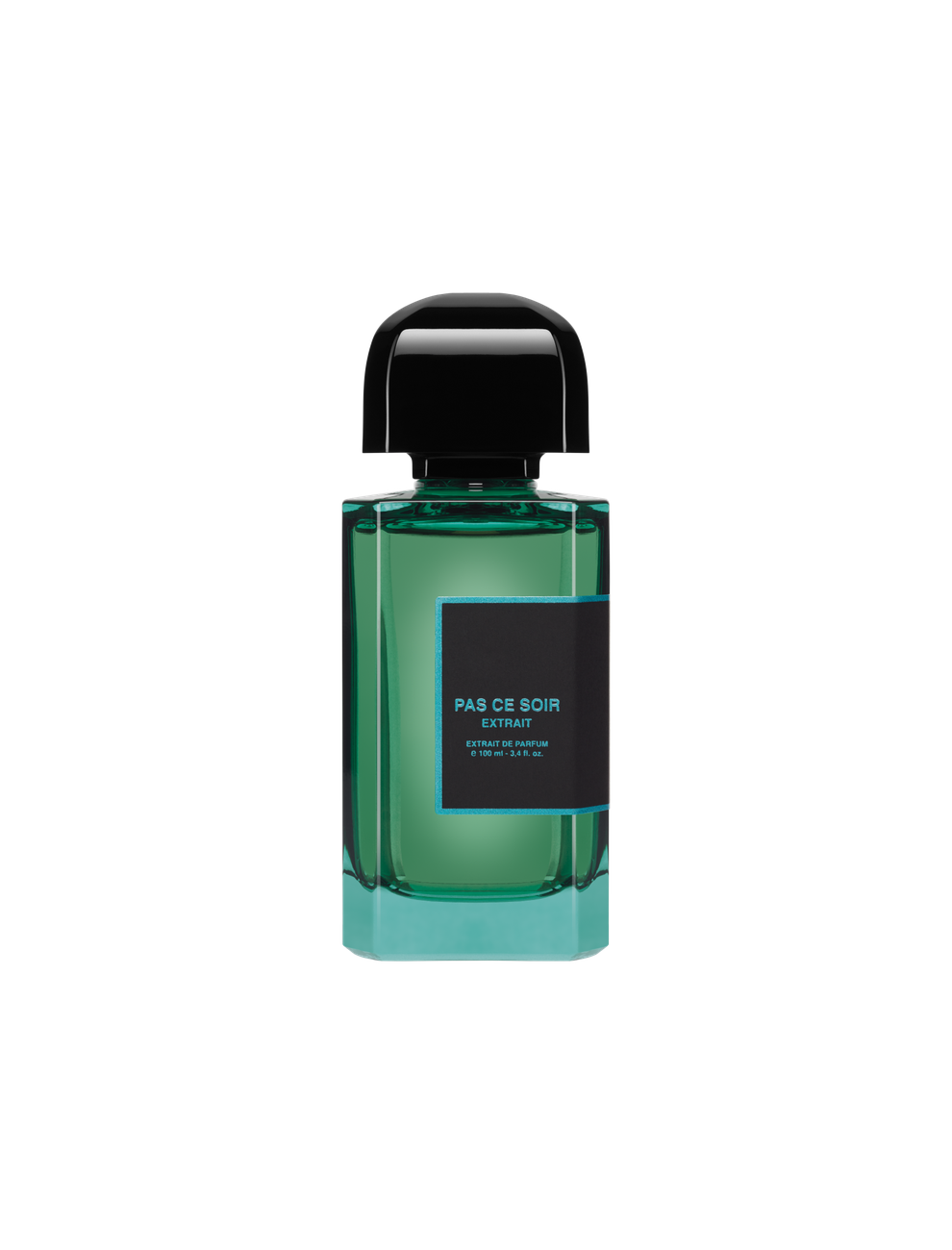 BDK Parfums Pas Ce Soir Extrait de Parfum 100 ml, smaragdo spalvos buteliukas su juoda etikete ir žydru apvadu