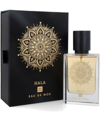 Eau de Moe HALA Eau de Parfum 80 ml buteliukas su juoda dėžute ir auksiniu ornamentu