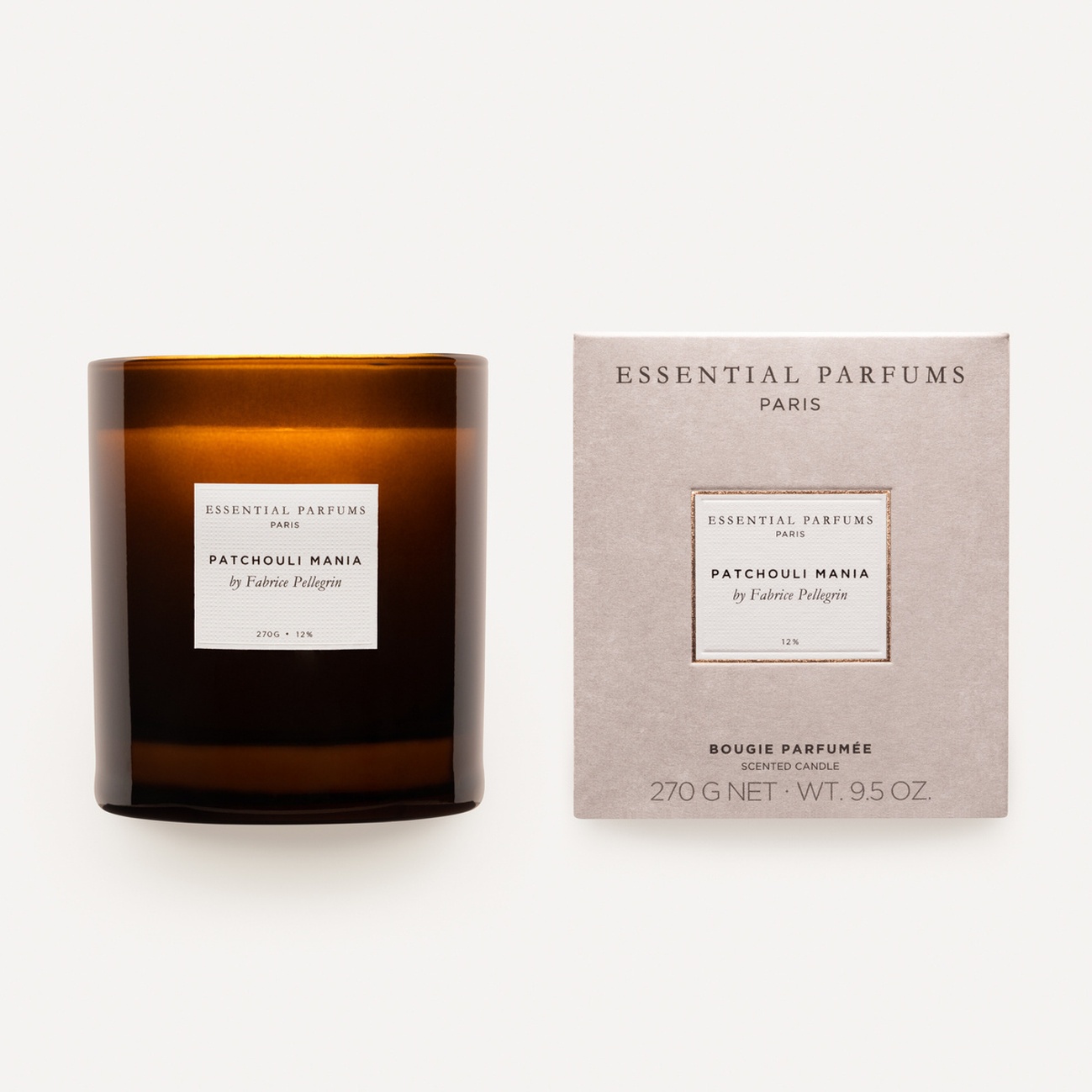 Essential Parfums Patchouli Mania kvapioji žvakė 270 g rudo stiklo indelis su pakuote
