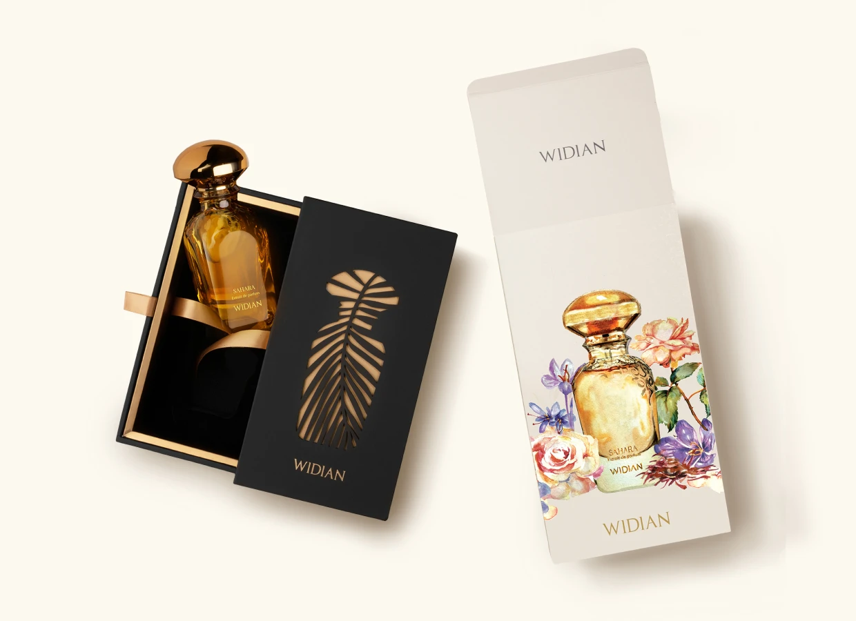 Widian Sahara Extrait de Parfum 50 ml pakuotė su gėlių raštu