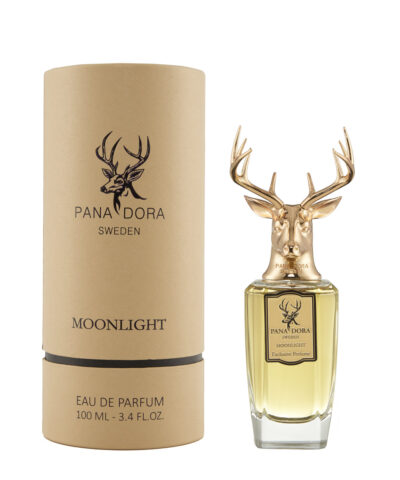 Pana Dora Moonlight Eau de Parfum 100 ml tūba ir buteliukas su elnio galva ant balto fono
