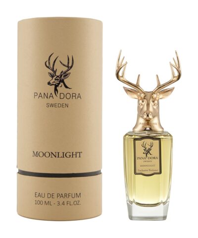 Pana Dora Moonlight Eau de Parfum 100 ml tūba ir buteliukas su elnio galva ant balto fono
