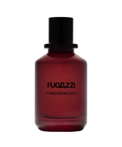 Fugazzi Pomegranoudh Extrait 100 ml raudono stiklo buteliukas su juodu dangteliu ant balto fono