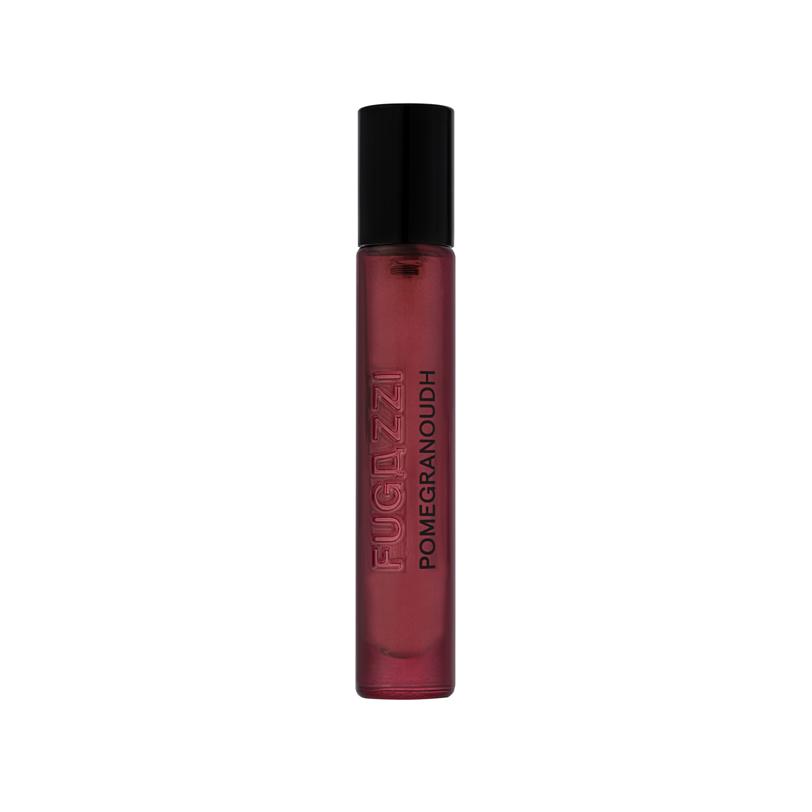 Fugazzi Pomegranoudh Extrait 10 ml plonas raudonas kelioninis buteliukas su juodu dangteliu ant balto fono