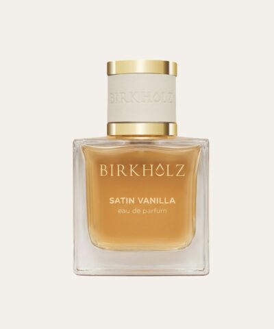 Birkholz Satin Vanilla Eau de Parfum 100 ml, žemas platus buteliukas su auksiniu dangteliu ir balta odine juostele