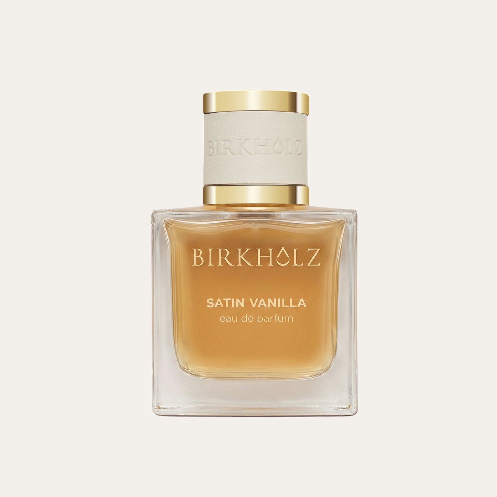 Birkholz Satin Vanilla Eau de Parfum 100 ml, žemas platus buteliukas su auksiniu dangteliu ir balta odine juostele