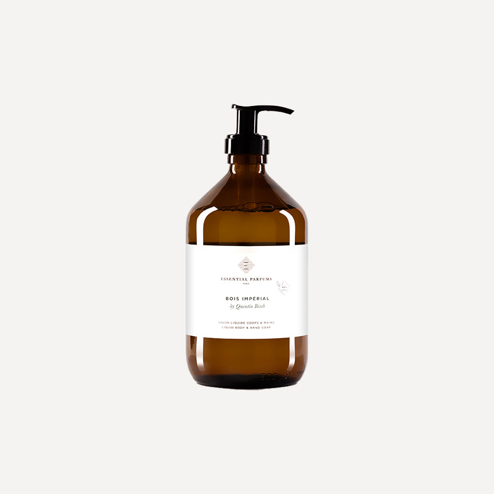 Essential Parfums Bois Imperial skystas muilas 500 ml rudo stiklo buteliukas su pompa