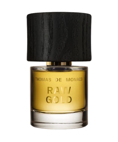 Thomas de Monaco Raw Gold Extrait 50 ml flakonas su auksiniu skysčiu ir juodu kamšteliu