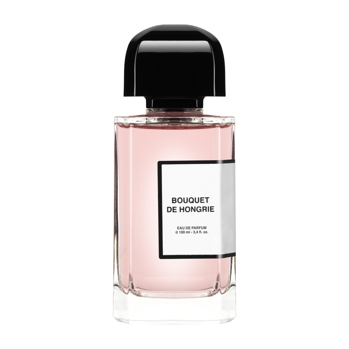 BDK Parfums Bouquet de Hongrie Eau de Parfum 100 ml, skaidrus buteliukas su rausvu skysčiu ir juoda kepurėle