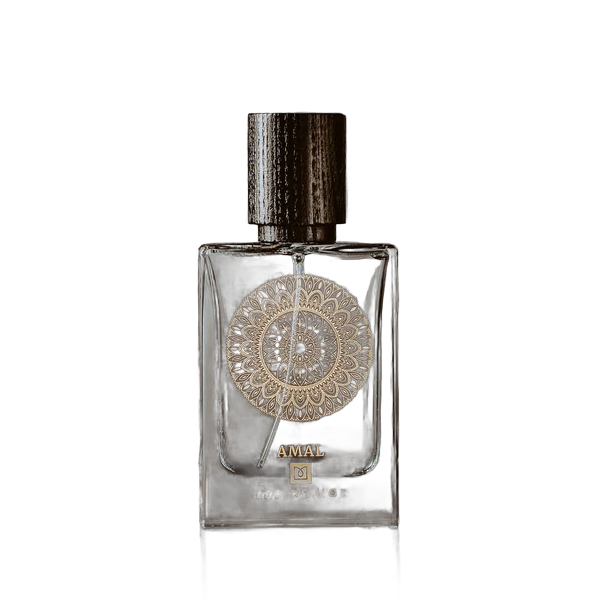 Eau de Moe AMAL Eau de Parfum 80 ml skaidrus buteliukas su auksiniu ornamentu