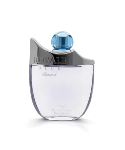 Rasasi Royale Blue EDP 75 ml buteliukas su mėlynu kamšteliu ant balto fono