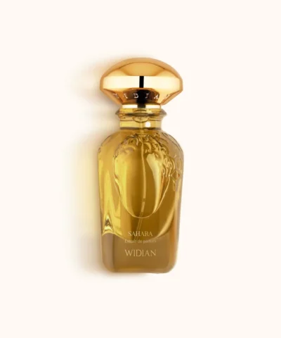 Widian Sahara Extrait de Parfum 50 ml auksinis buteliukas ant kreminio fono