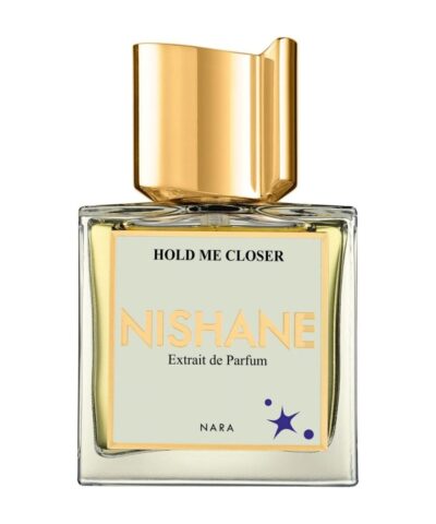 Nishane Hold Me Closer Extrait 50 ml kvadratinis buteliukas su auksiniu dangteliu ant balto fono