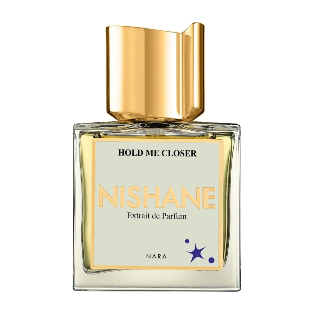 Nishane Hold Me Closer Extrait 50 ml kvadratinis buteliukas su auksiniu dangteliu ant balto fono