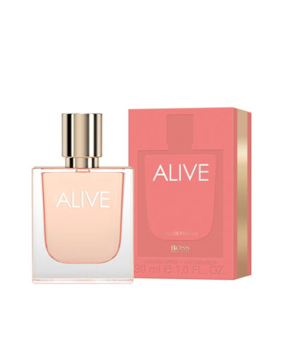 Hugo Boss Alive EDP 30 ml persikinės spalvos buteliukas su auksiniu dangteliu ir rožine dėžute