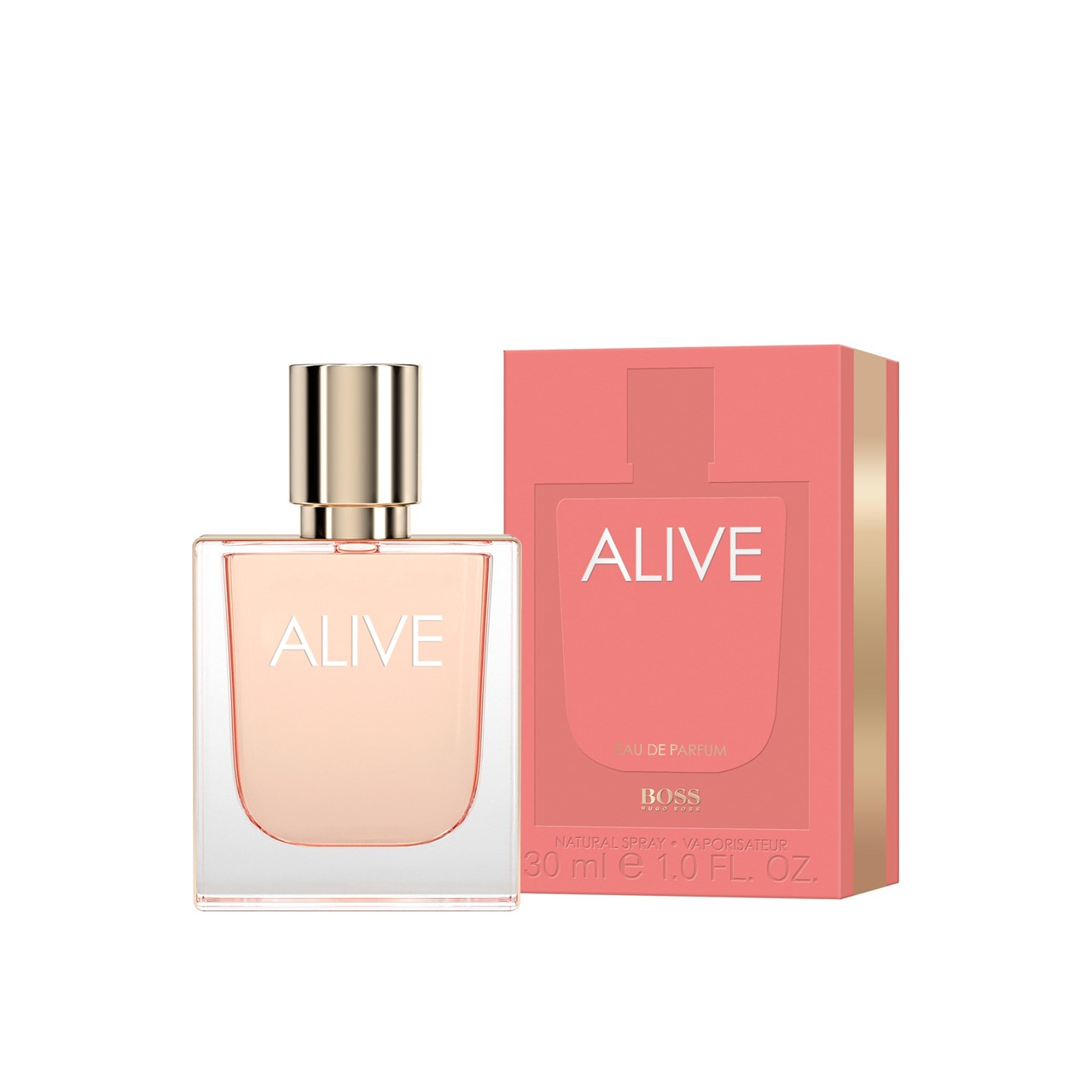 Hugo Boss Alive EDP 30 ml persikinės spalvos buteliukas su auksiniu dangteliu ir rožine dėžute