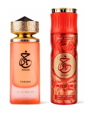 Set Paris Corner: Khair Fusion, Eau De Parfum, Unisex, 100 ml + Khair Fusion, Deodorant Spray, For Women, 200 ml kvepalų buteliukas
