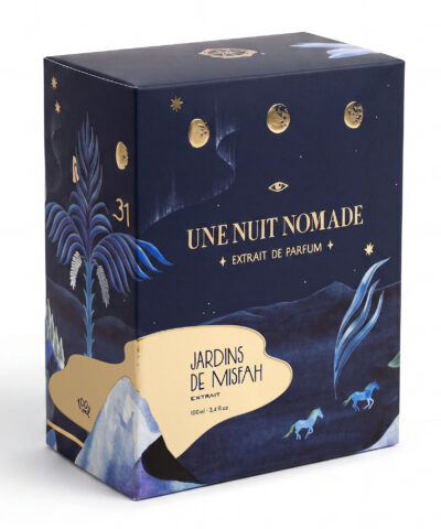 Une Nuit Nomade Jardins de Misfah Extrait de Parfum 100 ml iliustruota dėžutė su mėnulio fazėmis