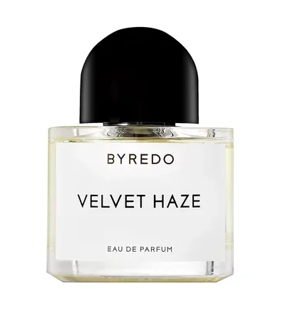 Byredo Velvet Haze EDP 100 ml skaidrus buteliukas su balta etikete ir juodu dangteliu