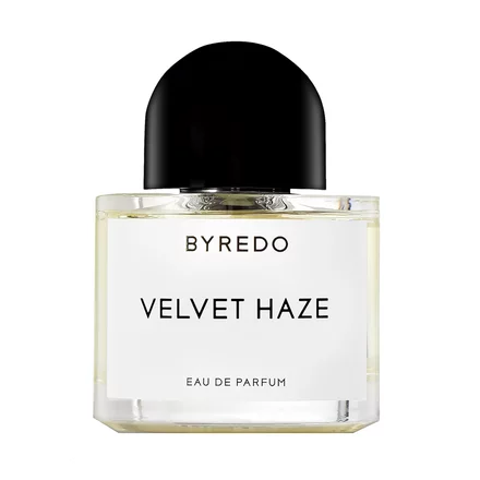 Byredo Velvet Haze EDP 100 ml skaidrus buteliukas su balta etikete ir juodu dangteliu