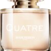 Boucheron Quatre pour Femme Eau de Parfum, skaidrus buteliukas su persikiniu skysčiu ir aukso bei baltos keramikos dangteliu, 50 ml