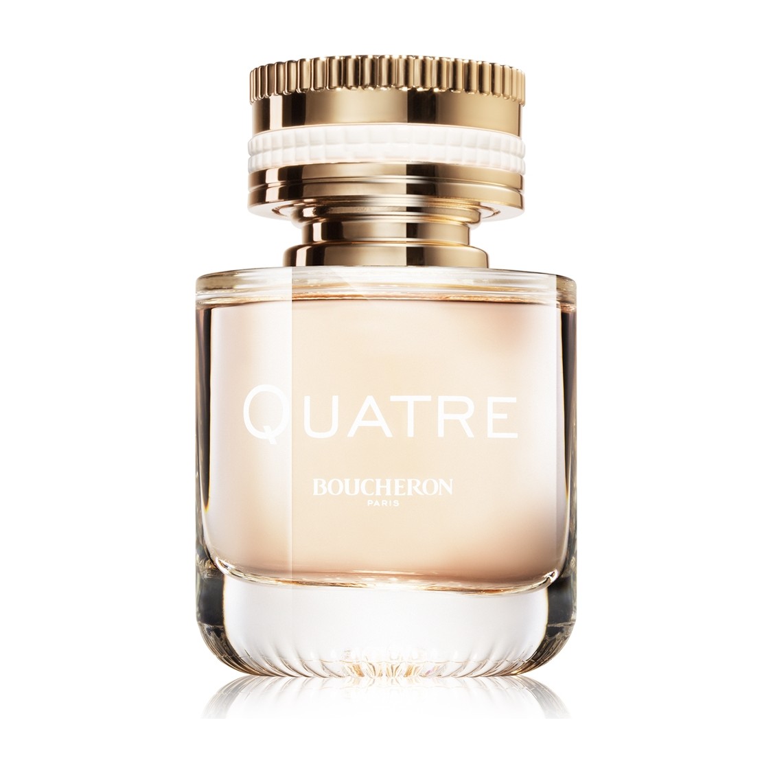 Boucheron Quatre pour Femme Eau de Parfum, skaidrus buteliukas su persikiniu skysčiu ir aukso bei baltos keramikos dangteliu, 50 ml