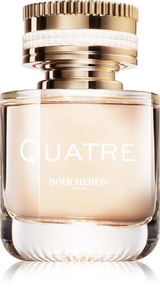 Boucheron Quatre pour Femme Eau de Parfum, skaidrus buteliukas su persikiniu skysčiu ir aukso bei baltos keramikos dangteliu, 50 ml