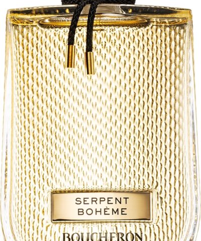 Boucheron Serpent Bohème Eau de Parfum, auksinis buteliukas su gyvatės žvynų raštu ir juoda pinta virvele, 50 ml