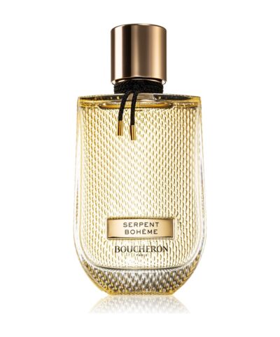 Boucheron Serpent Bohème Eau de Parfum, auksinis buteliukas su gyvatės žvynų raštu ir juoda pinta virvele, 90 ml