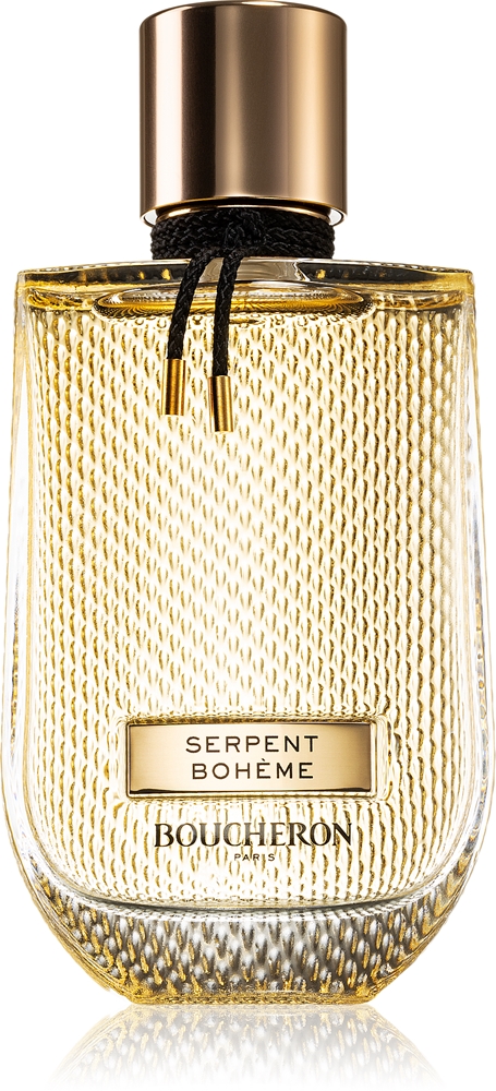 Boucheron Serpent Bohème Eau de Parfum, auksinis buteliukas su gyvatės žvynų raštu ir juoda pinta virvele, 90 ml