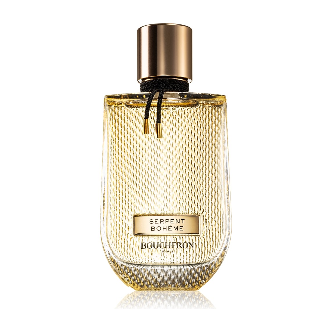 Boucheron Serpent Bohème Eau de Parfum, auksinis buteliukas su gyvatės žvynų raštu ir juoda pinta virvele, 30 ml