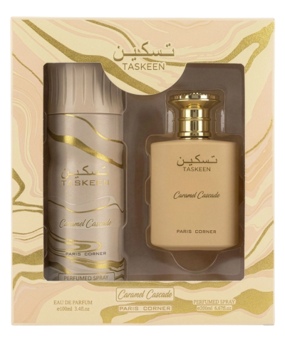 Set Paris Corner: Taskeen Caramel Cascade, Eau De Parfum, Unisex, 100 ml + Taskeen Caramel Cascade, Deodorant Spray, Unisex, 200 ml